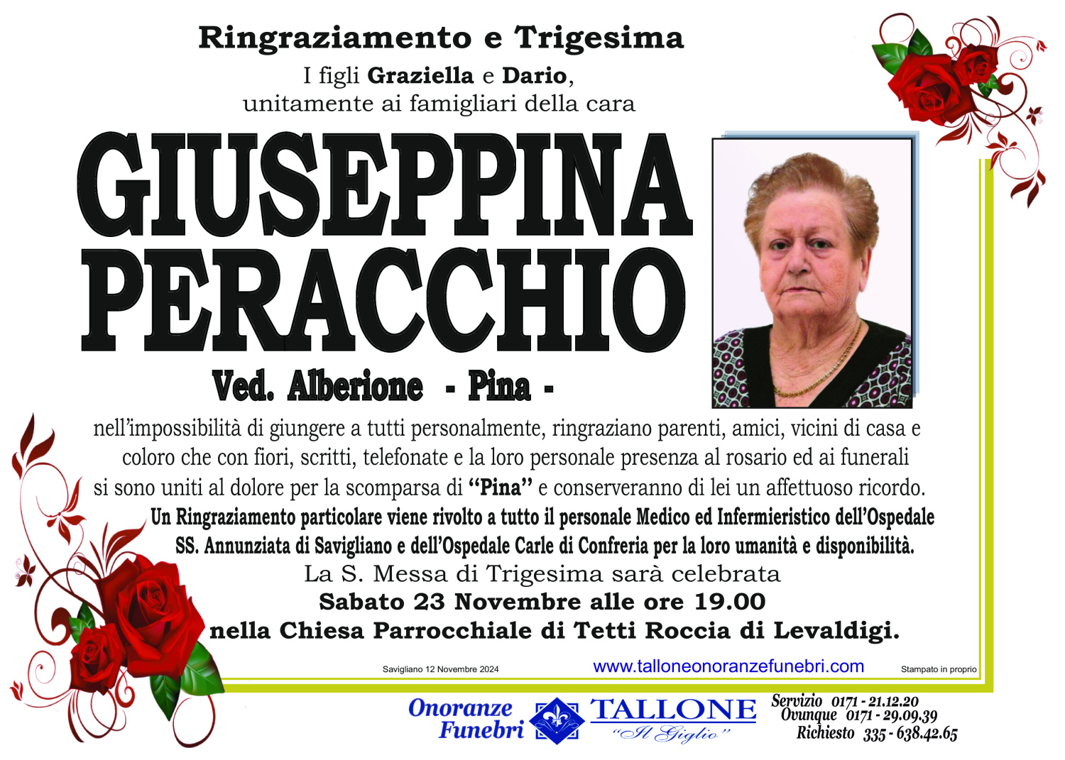<br />
<b>Warning</b>:  Undefined variable $info in <b>/home/tallone/public_html/ringraziamenti.php</b> on line <b>68</b><br />
Giuseppina Peracchio